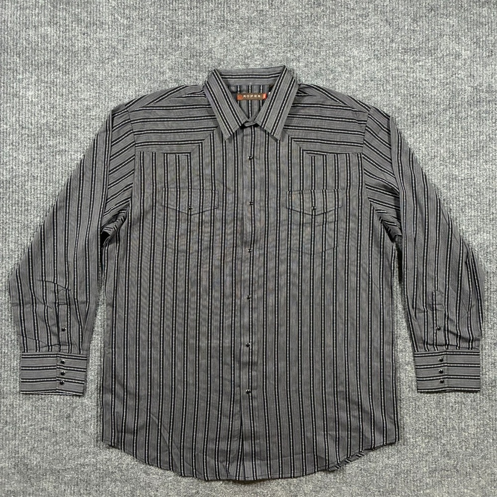 Roper Mens Button Up‎ Shirt Size 2XL Black Striped Cotton Stretch Long Sleeve